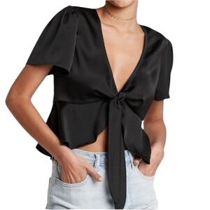 Wild Fable Black Satin Tie Front Crop Top Peplum Flutter Sleeve S Blouse